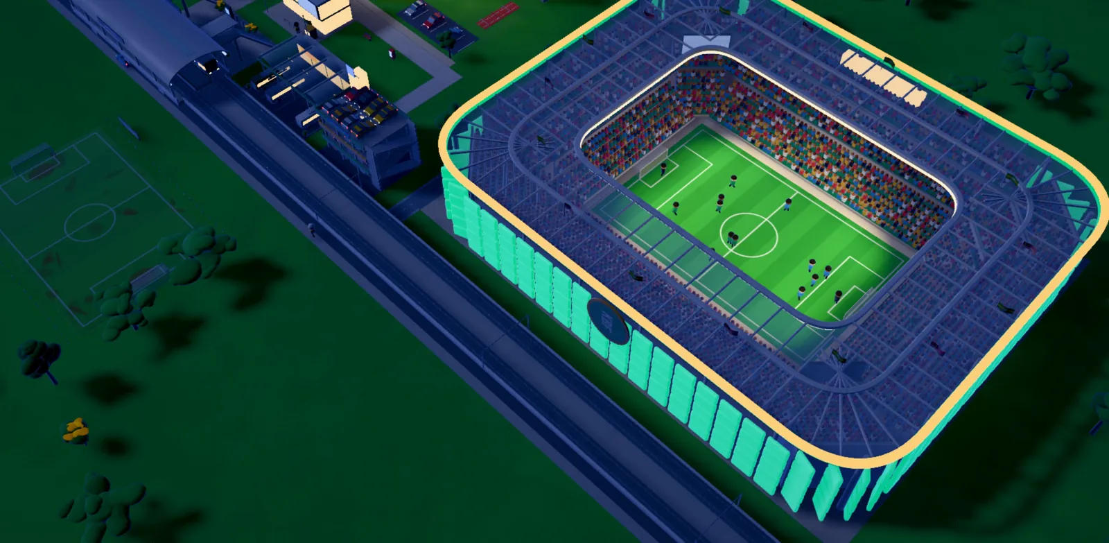 A 75,000-seat Legend stadium on a match night, floodlights on, with the LRT line beside it