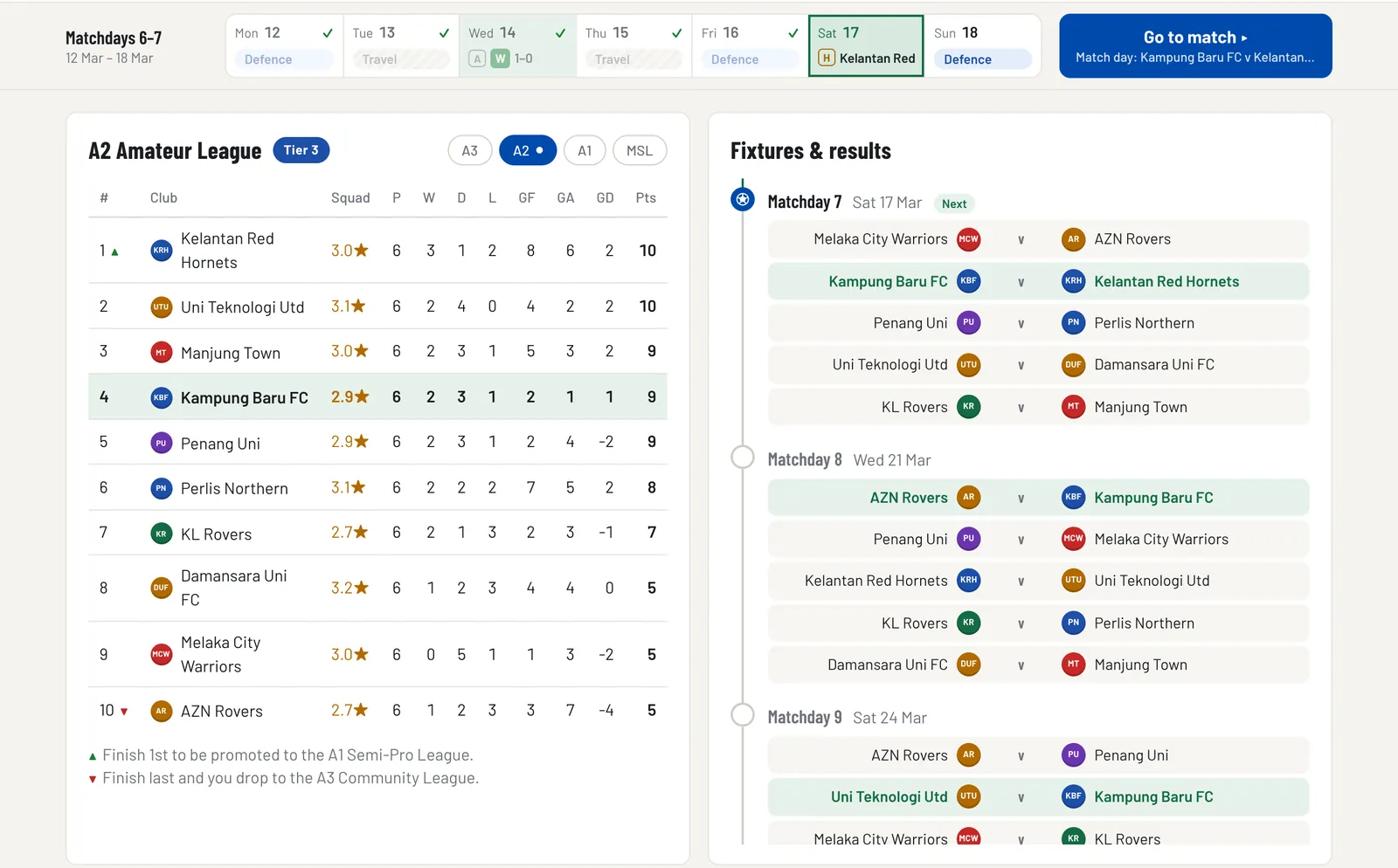 The A2 Amateur League table with ten clubs, beside the fixtures list and a week with a Wednesday match